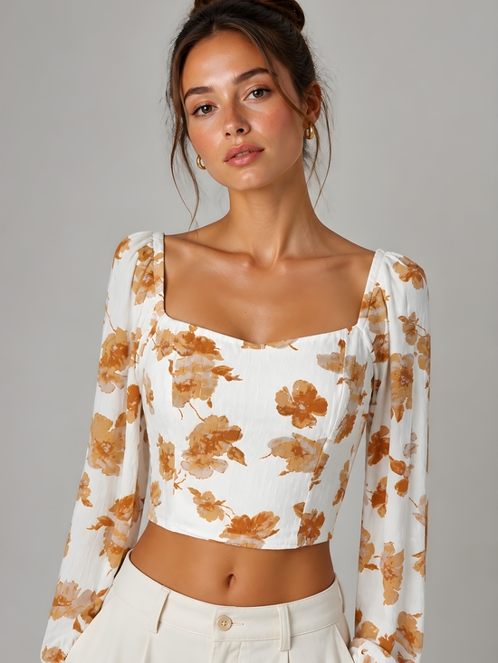 Altar'd State Tops - Altar'd State Floral Puff Sleeve Crop Top - White & Rust